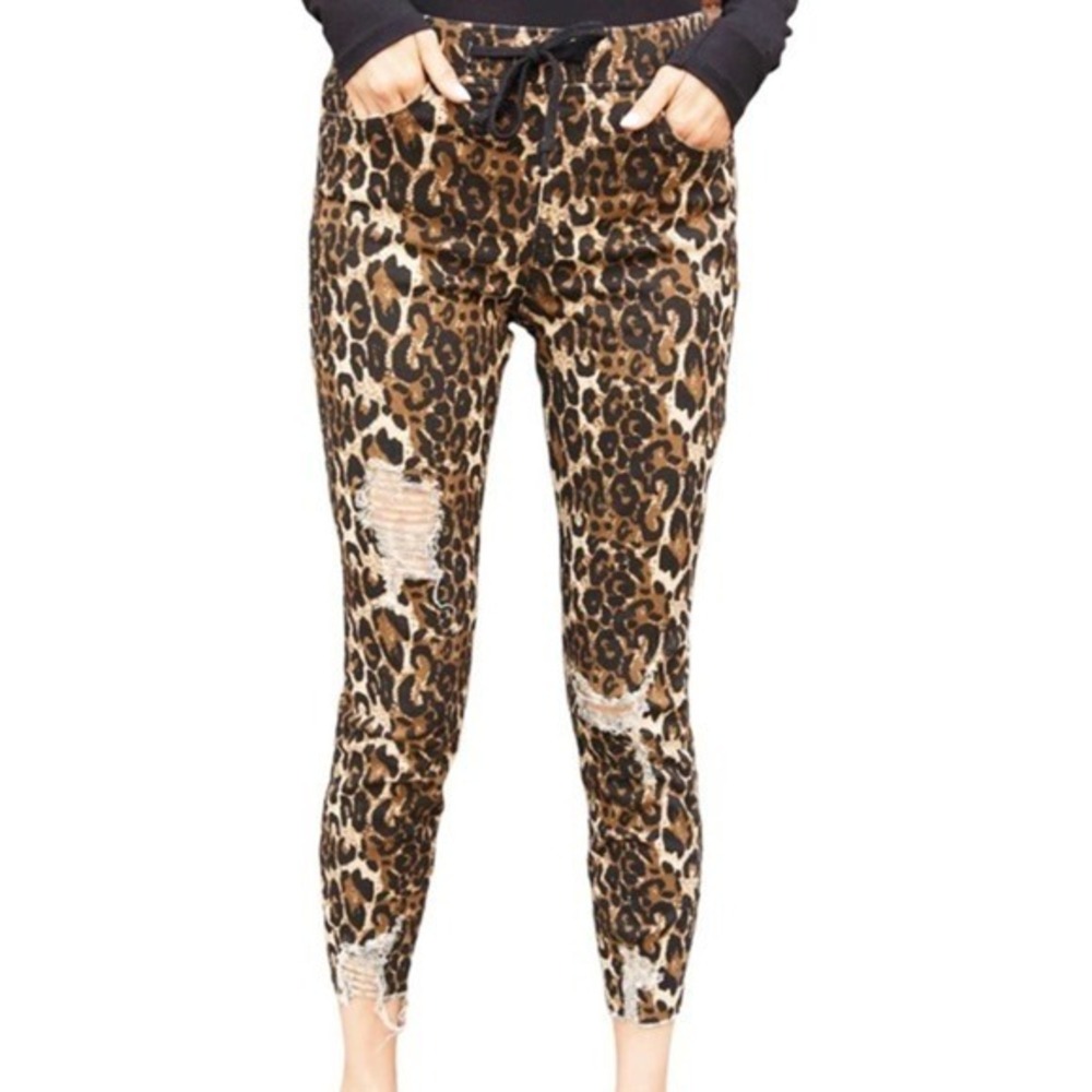 ROYALTY FOR ME Leopard Print Distressed Jogger Jeans Drawstring Waist Size Large
